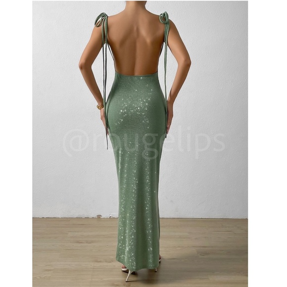 Glitter Lurex Mint Green Cowl Neck Backless Tie Straps Maxi Long Dress - Picture 3 of 14